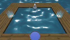 Aufgabe in der virtuellen Realität: Die Testpersonen sollen mit ihrem Avatar in der künstlichen Umgebung Fische aus einem Wasserbecken fangen und in einen Bottich (unterer Bildrand) geben. Am linken Rand des Bassins ist eine Spinne platziert, rechts eine Schildkröte. Menschen mit Angst vor Spinnen suchen vor allem auf der rechten Seite nach Fische und halten so größtmöglichen Abstand zum Objekt ihrer Angst.