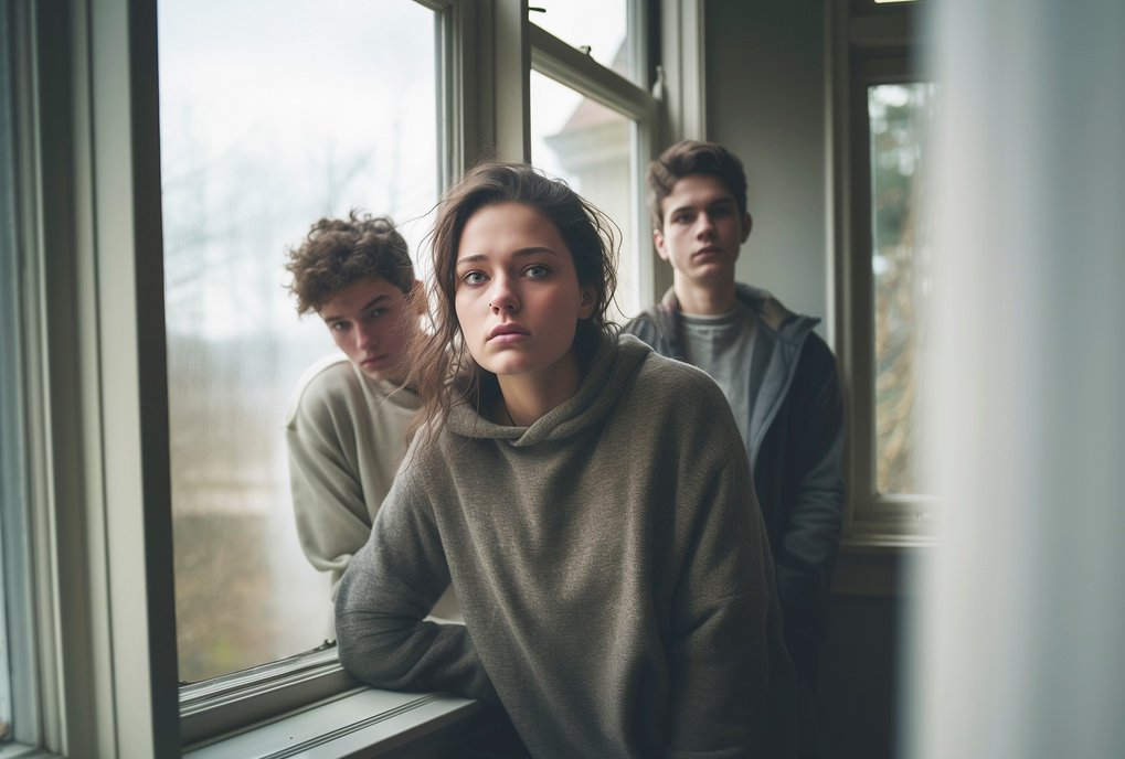 3 Junge Erwachsene stehen vor einem Fenster